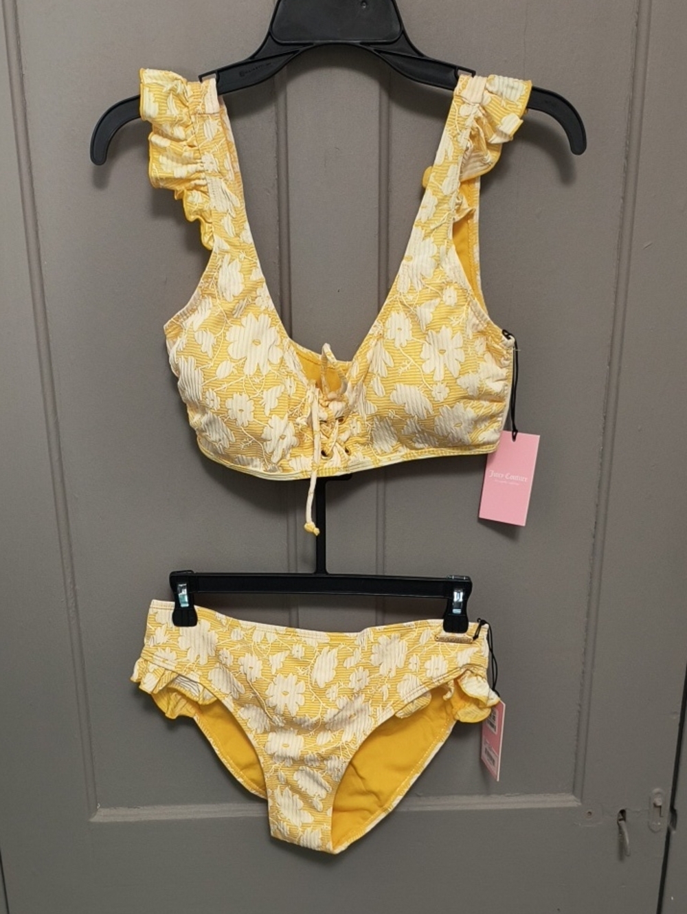 Juicy Couture Yellow Floral Ruffle Lace-Up Bikini Set